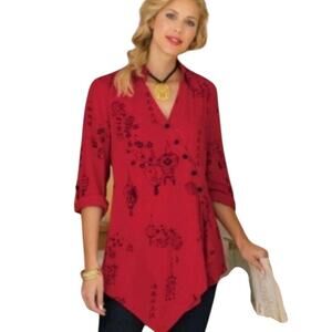 Soft Surroundings Pagoda Wrap Tunic Top Red Japanese Graphics Size PXL Asian